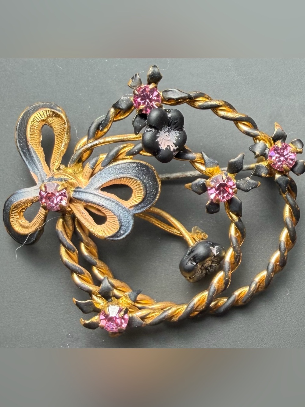 Vintage Signed Austria Pink Rhinestone Bow Wreath Brooch Black Enamel Gold Tone